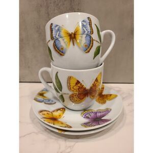Neiman Marcus set (2) Butterfly Tea Cups saucers 8 oz | 3"H Porcelain Coffee
